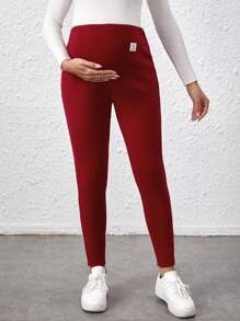 SHEIN Solid-Colored Maternity Leggings With Patch Detail And Adjustable Waist - Burgundy - View 4