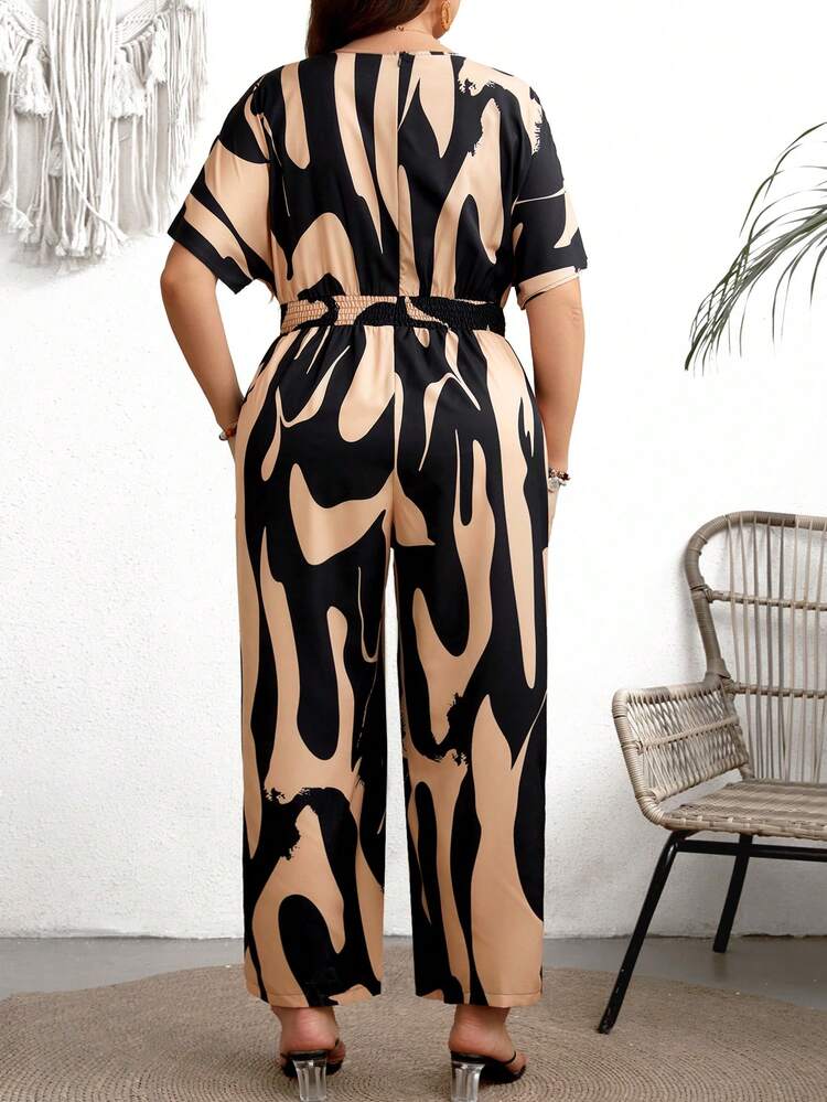 Plus Size Women's Full Print Batwing Sleeve Jumpsuit
