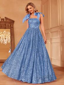 Faeriesty Floor Length Tie Shoulder Sequin Dress - Blue - View 6