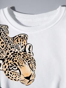 SHEIN EZwear Women'S Leopard Print Sweatshirt And Joggers Set - White - View 6