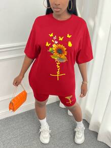 Slaydiva Conjunto De Camiseta Y Pantalones Cortos Con Cuello Redondo Y Estampado De Girasoles Y Mariposas Para Mujer - Rojo - Ver 4