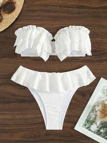 SHEIN Swim Summer Beach Women's Ruffled Texture Bandeau Bikini Set - White - View 7