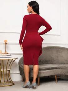 SHEIN Lady Vestido Elegante Para Mujeres Con Cuello En V En Colores Sólidos - Rojo - Ver 2