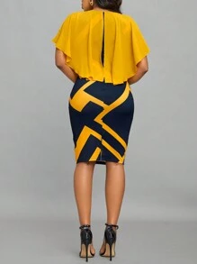 SHEIN Lady Women's Geometric Print Patchwork Ruffle Hem Bodycon Elegant Office Dress, Spring & Summer - Multicolor - View 2