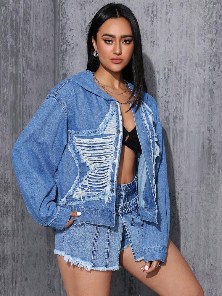 Women's Ripped Dropped Shoulder Long Sleeve Hooded Denim Jacket