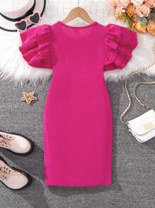 SHEIN Vestido Para Niña Preadolescente Con Cuello Redondo Casual Y Manga Con Capas Para Uso Diario