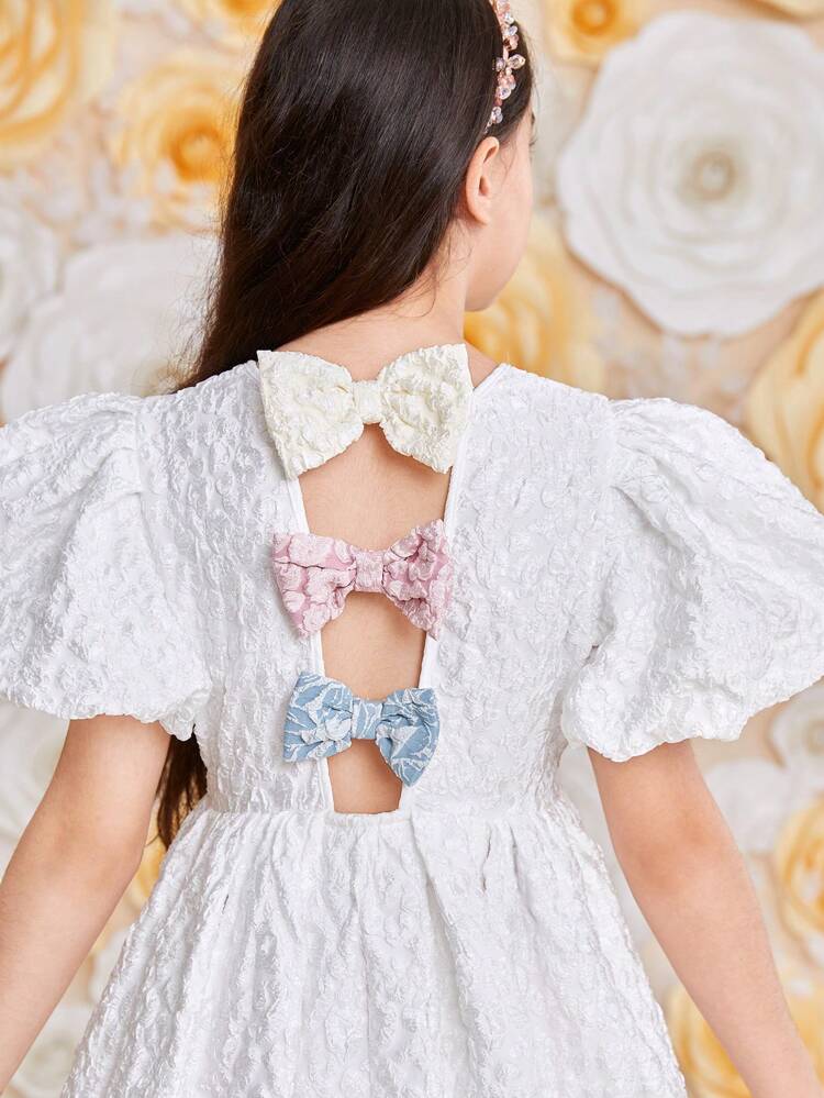DRMZ Tween Girl Tween Girl Cute Vintage Puff Sleeve Short Sleeve Dress With Bowknot Back