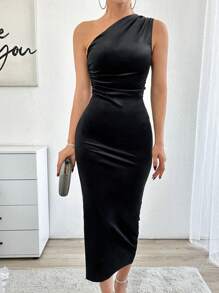 EURMUSE Women's Pleated, One-Shoulder, Sleeveless, Bodycon Dress - Black - View 1