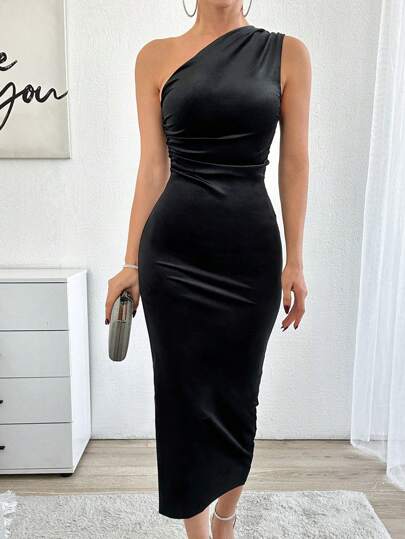 EURMUSE Women's Pleated, One-Shoulder, Sleeveless, Bodycon Dress