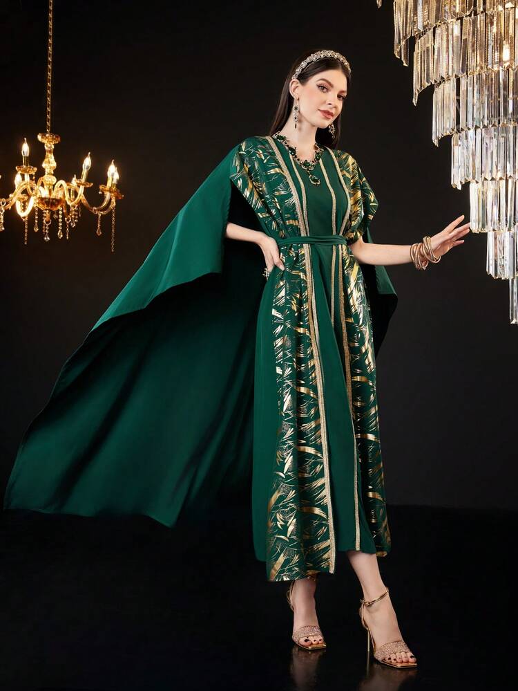 Loose-Fit Turkish Style Set With V-Neck And Gold Foil Print Kaftan Dress, Elegant Luxury Evening Party Style