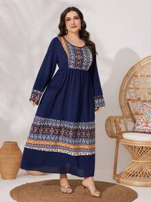 Al Najma Women's Plus Size Patchwork Printed Round Neckline Fit & Flare Dress Kaftan Jalabiya Dress - Navy Blue - View 4