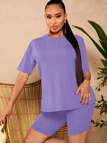 SHEIN SXY Quý cô Chất rắn Đồ đan Ribbed Bộ - Màu tím hoa cà - Xem 4