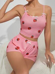 Conjunto De Pijama Con Estampado De Fresas Y Lazo Decorativo Para Mujer - Multicolor - Ver 6