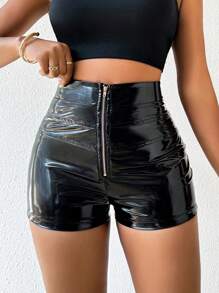 VaVaBold Pantalones Cortos De Mujer Con Cremallera De Color Sólido - Negro - Ver 3