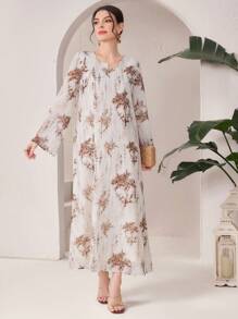 Al Najma Loose Casual Printed Notched Neck Modest Long Sleeve Dress - Apricot - View 1