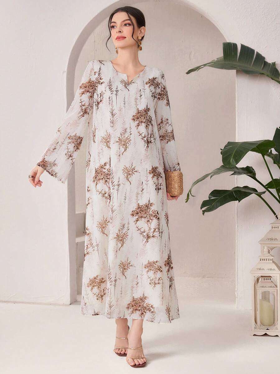 Al Najma Loose Casual Printed Notched Neck Modest Long Sleeve Dress - Apricot - View 1