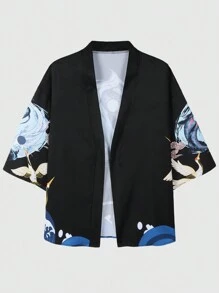 Manfinity Hypemode Men'S Crane & Fish Print Kimono Shirt - Black - View 2