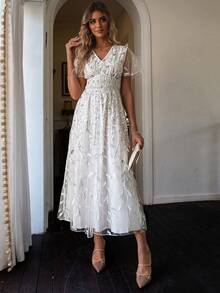 Simplee Women's V-Neck Embroidered Mesh Dress - White - View 6