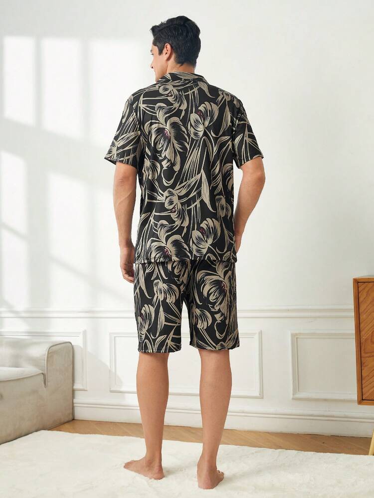 Men's Black Flower Print Shirt Collar Short Sleeve And Shorts Homewear Set