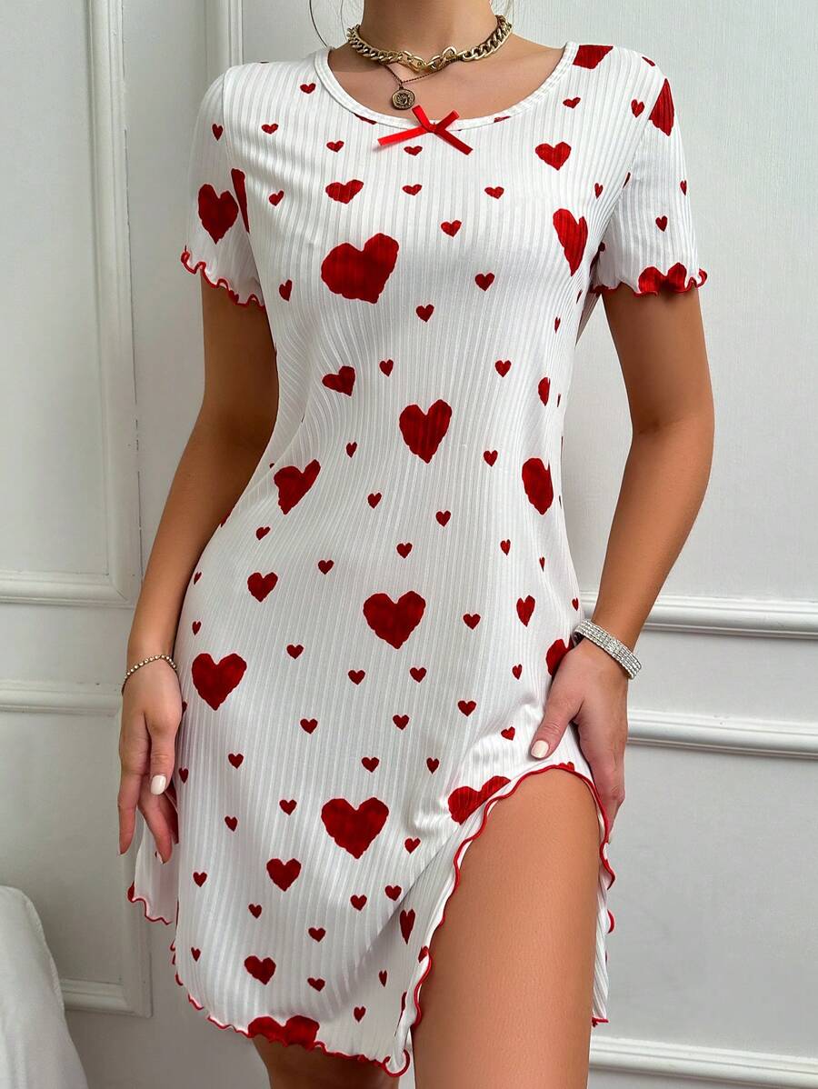 SweetSlumber Heart Print Short Sleeve Pajama Night Dress - White - View 1