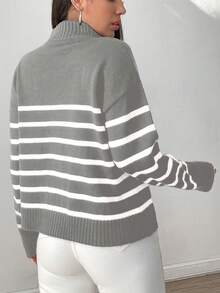 SHEIN Essnce Của phụ nữ Nửa Zip Sọc Áo len Với giá đỡ Vòng cổ - Xám - Xem 2