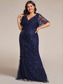 EVERPRETTY Plus Size Women V-Neck Sequin Embroidery Mesh Mermaid Maxi Dress, Formal Evening Party Gown For Valentine's Day Date, Winter Spring Wedding Guest Cocktail Dress, Navy Blue - Navy Blue - View 6