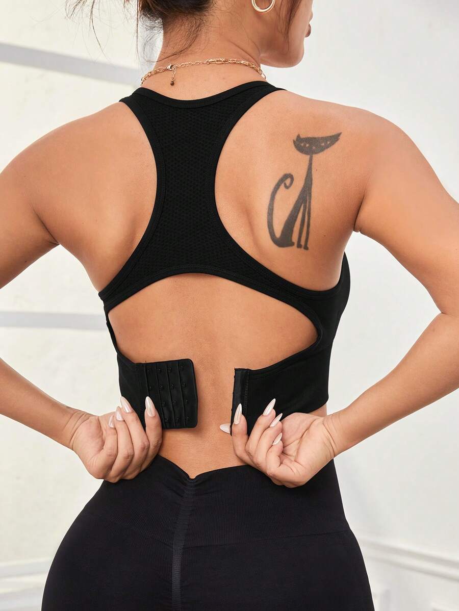 Easithlete 女式純色鏤空背部運動胸罩 - 黑色 - 查看 1