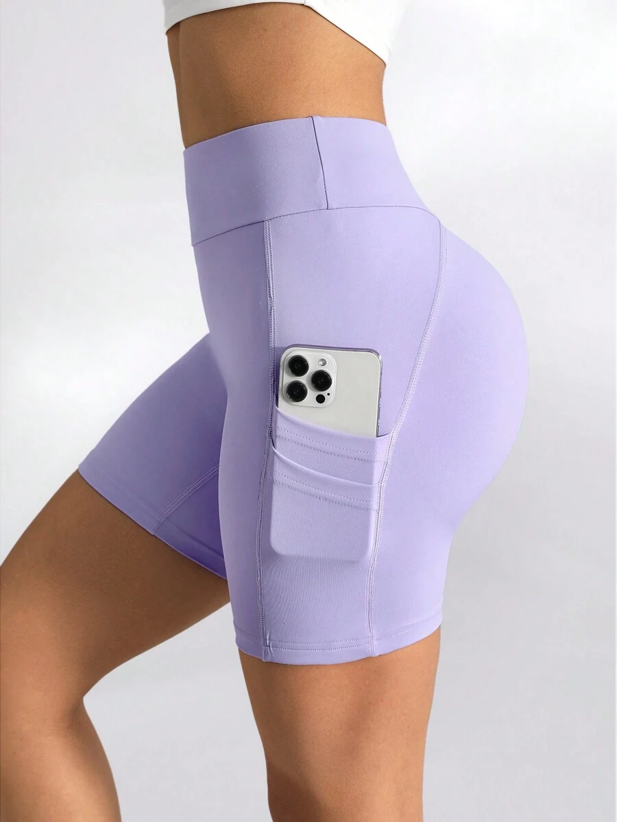 Lifespree Women's Wide-Waistband Side Pocket Sports Shorts With Phone Pocket - Mauve Purple - View 1