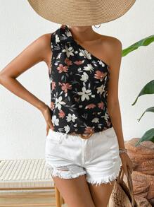 SHEIN VCAY Women'S Casual Floral Print One Shoulder Top With Elegant Style