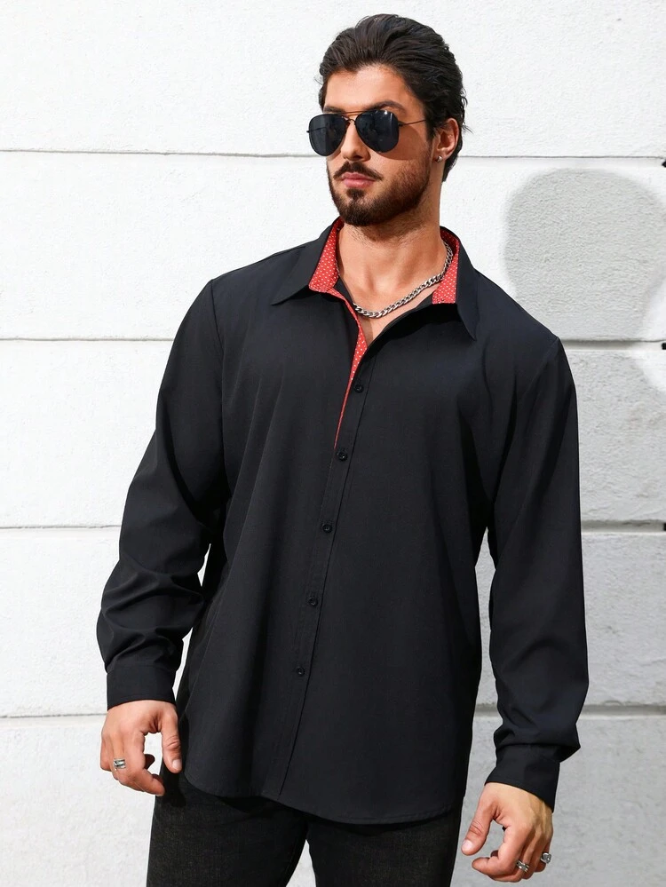Men's Plus Size Long Sleeve Shirt With Polka Dot Prints And Patchwork