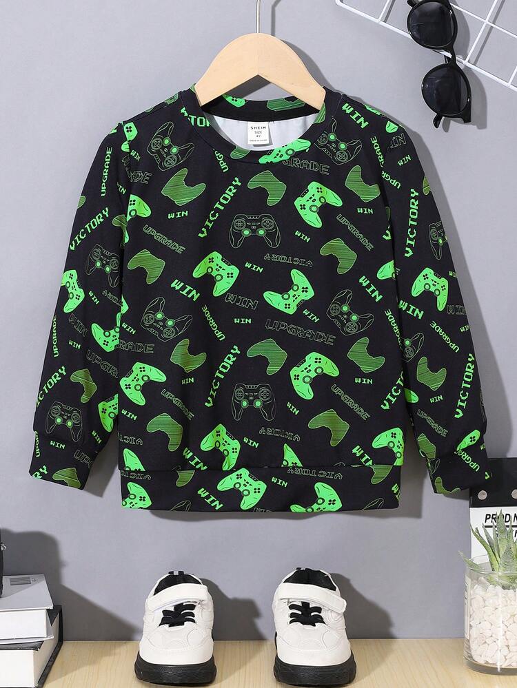 Young Boy's Reflective Gaming Console Pattern Round Neck Long Sleeved Sweatshirts, Casual Color Block Patchwork Pullovers, Multiple Colors