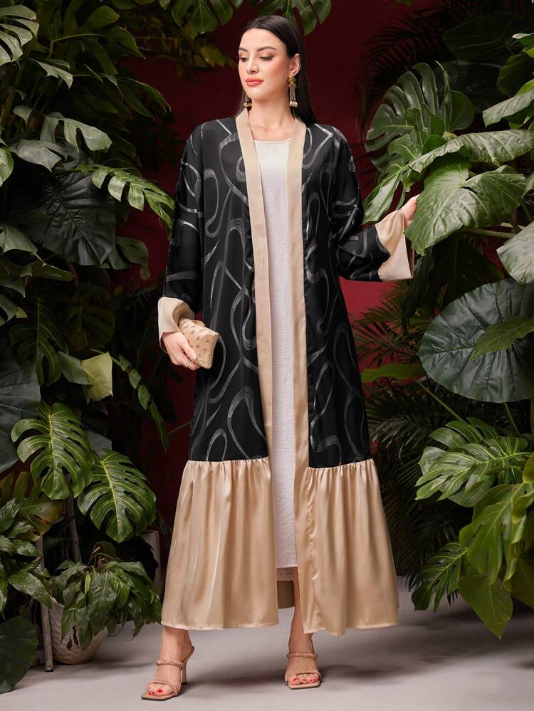 Color Block Kimono With Ruffled Hem, Muslim Fashion Abaya For Casual/Festival/Gathering/Travel