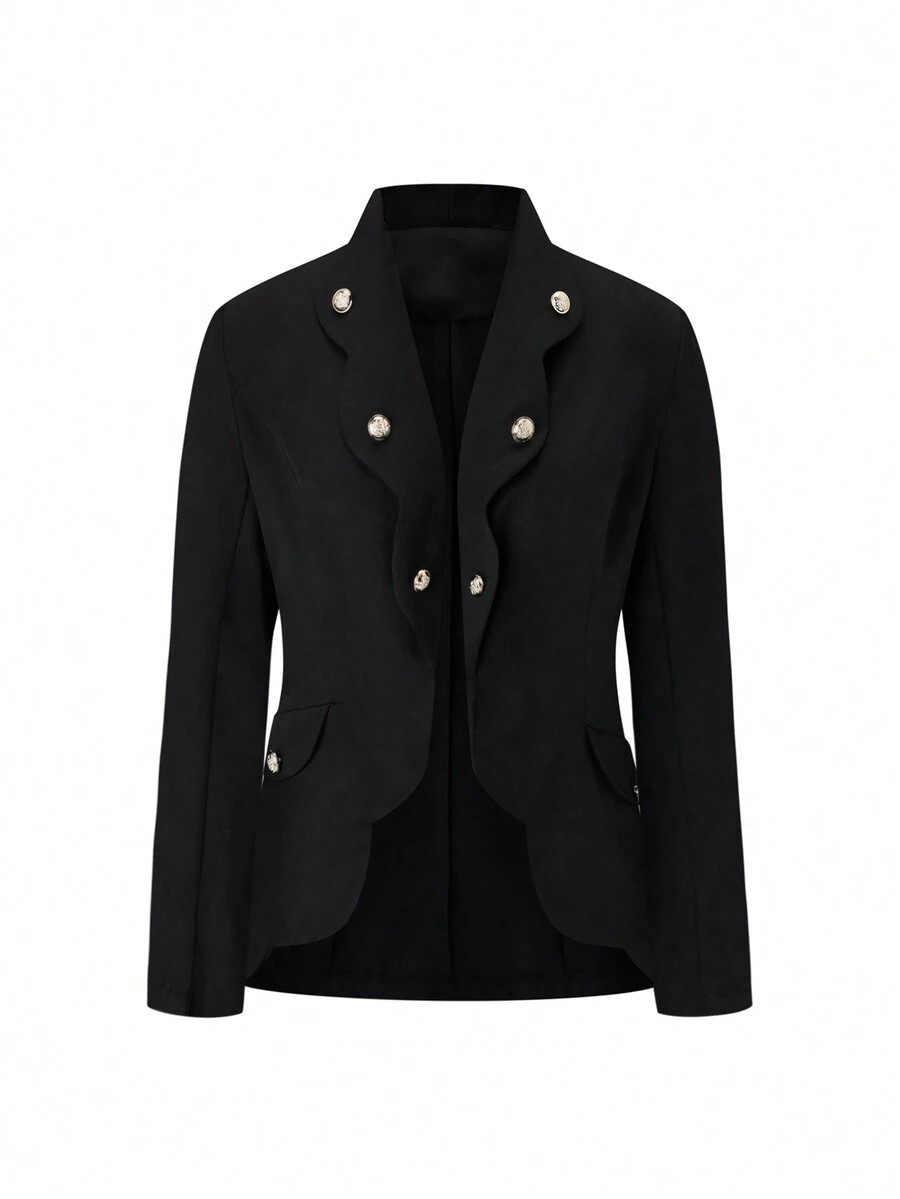 SHEIN Clasi 女款大尺碼連結裝飾青果領西裝外套 - 黑色 - 查看 1