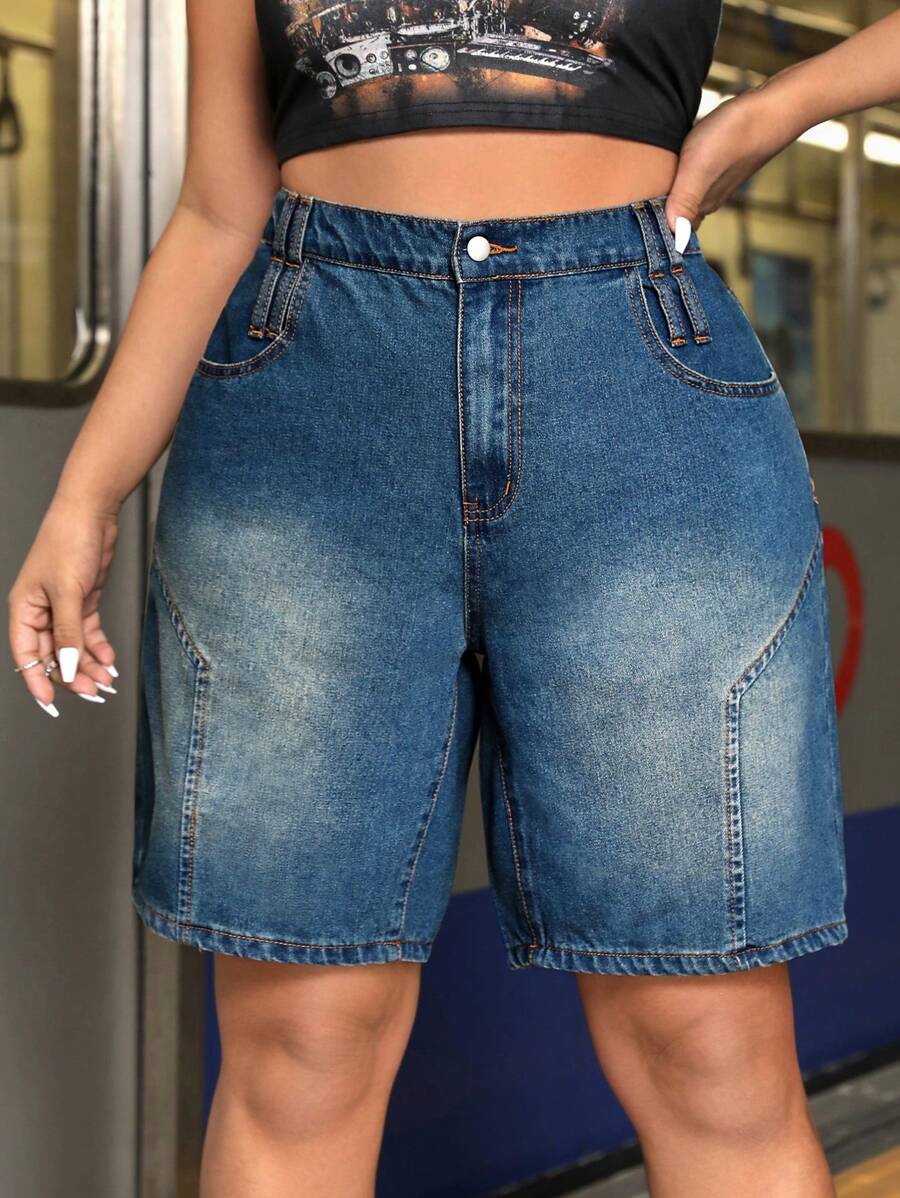 SHEIN ICON Plus Size High Waist Washed Denim Shorts - Blue - View 1