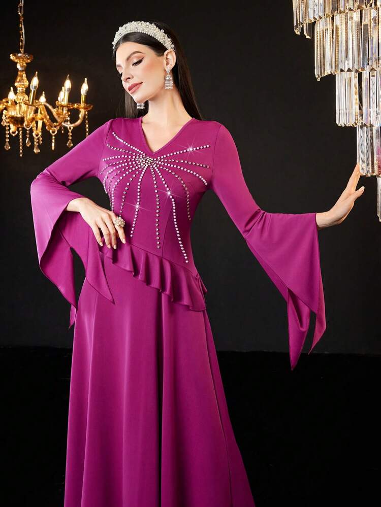 Ladies' Stud Detail Flared Sleeves V-Neck Dress