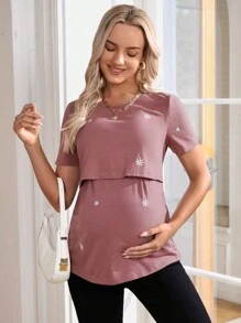 SHEIN Thai sản Vòng cổ Điều dưỡng Quần áo Áo thun - Hồng - Xem 4