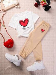 SHEIN Young Girls' Summer Letter & Heart Printed Short Sleeve T-Shirt And Jogger Pants Two Pieces Set - White - View 1