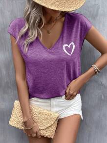 EMERY ROSE Summer Outfits Heart Print Batwing Sleeve Tee - Purple - View 2