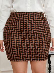 SHEIN Privé 大碼千鳥裙 - 咖啡棕 - 查看 1