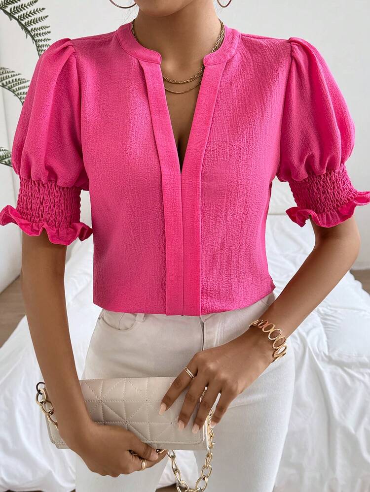 Women's Notched V Neck Shirred Roll Up Sleeve Blouse