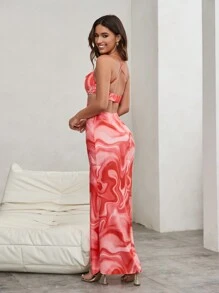 SHEIN Privé 女性漸層印花交叉後背吊帶洋裝,襯頸披肩設計 - 彩色 - 查看 5