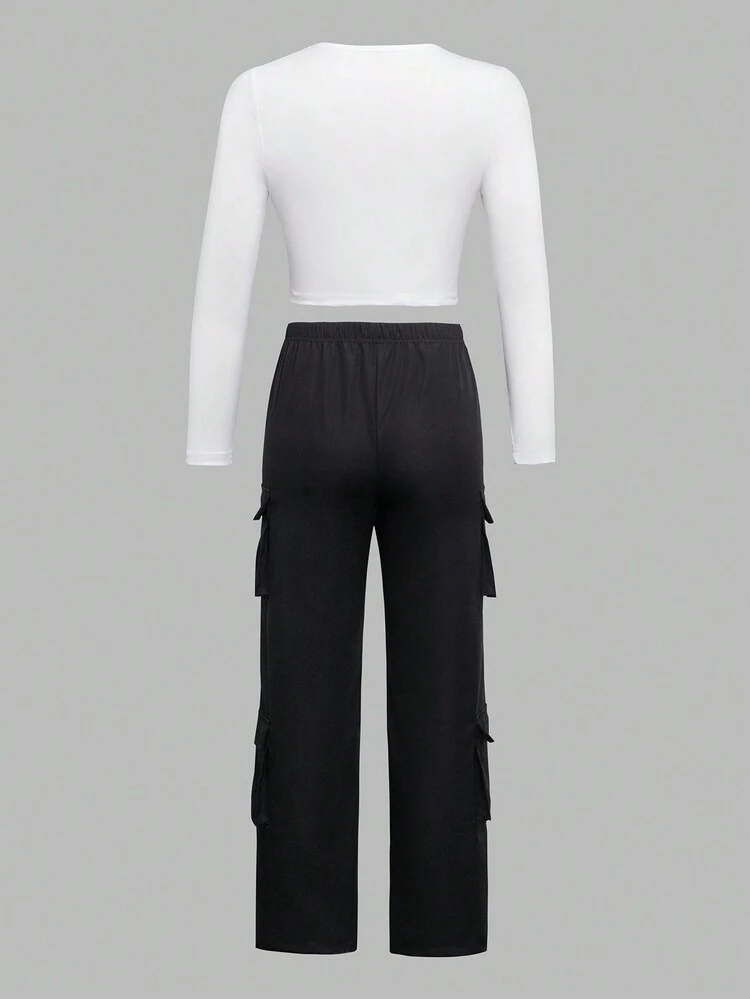 Tween Girl Figure Graphic Tee & Flap Pocket Side Cargo Pants