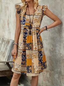 EMERY ROSE 度假休闲拼布印花飘逸盖袖连衣裙 - 彩色 - 查看 2