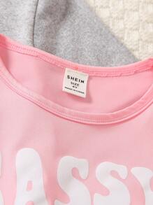 SHEIN Young Girls' Slogan Printed Short Sleeve T-Shirt And Shorts Set