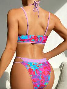 SHEIN Swim 女士全印花二合一比基尼套装 狂欢夏日海滩 - 彩色 - 查看 2