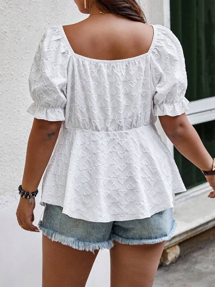 Plus Size Heart Jacquard Tie Knot & Sweetheart Collar Shirt Peplum Top