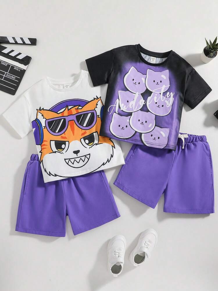 4pcs Kids' Cute Cartoon Cat Animal Print Loose Fit Drop Shoulder Round Neck Short Sleeve T-Shirt And Shorts Set, Spring/Summer