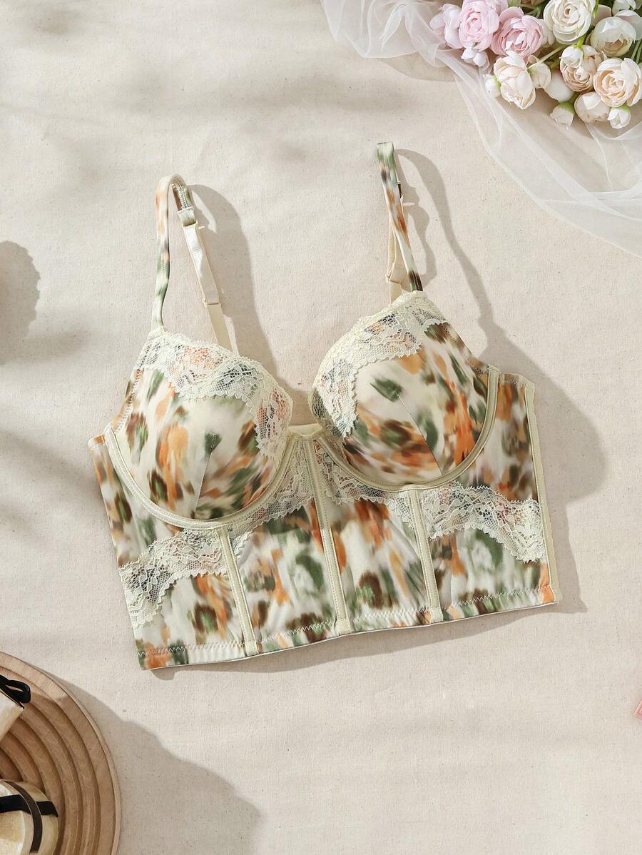 SHEIN Ladies' Tie Dye & Lace Patchwork Bra - Yellow - View 1