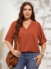 SHEIN LUNE 大尺碼棕色 V 領多層設計可調式袖口休閒襯衫夏季 - 棕色 - 查看 4