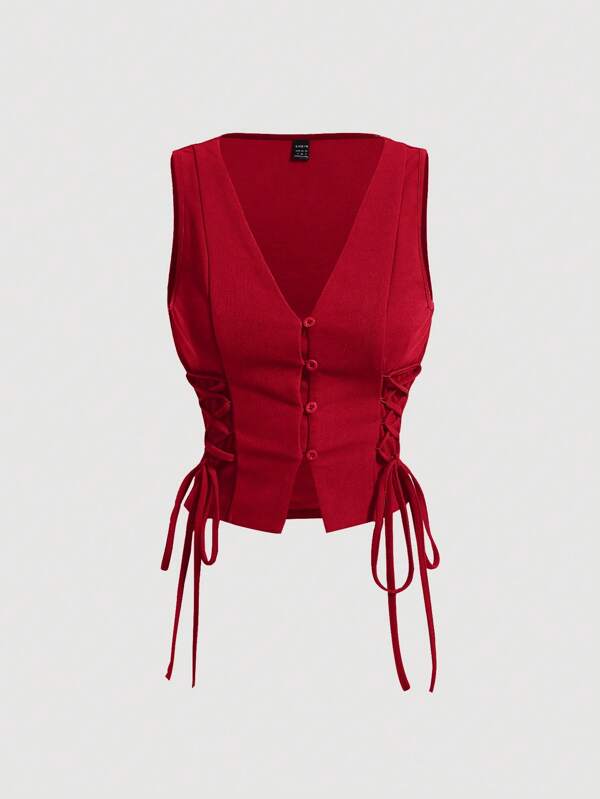 SHEIN MOD Parte superior de tirantes cruzados con botones de color rojo para mujer, ideal para el verano